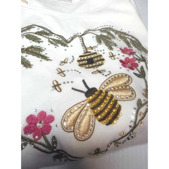Quaker Factory Womens 2X White Bee Heart Embroidered 3/4 Sleeve Top - Picture 6 of 6